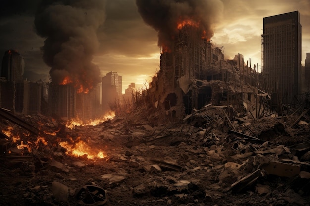 Een stad ligt in ruïnes verteerd door woedende branden en gehuld in dikke wolken rook Oorlog stad gevaarlijke ramp Illustratieve apocalyps destructief gebouw AI gegenereerd