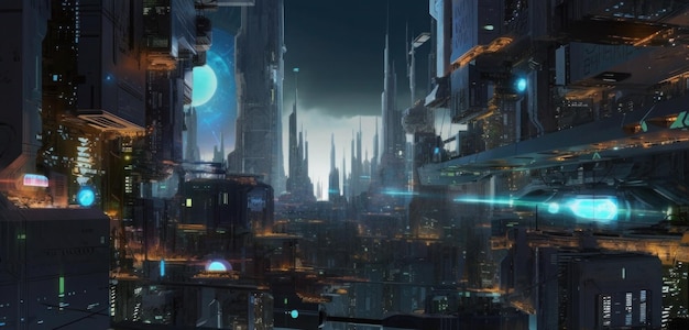 Een stad met een blauw licht en een grote planeet op de achtergrond