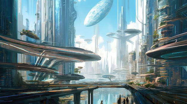Een stad met een blauwe lucht en een groot buitenaards ruimteschip