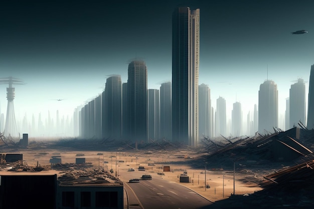 Een stad met een donkere lucht en een stadsgezicht met aan de linkerkant een groot gebouw.