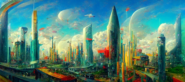 Een stad met een futuristische stad en een lucht met wolken