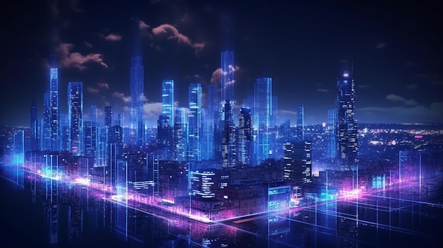 Een stad met een neonbord waarop cyberpunk staat