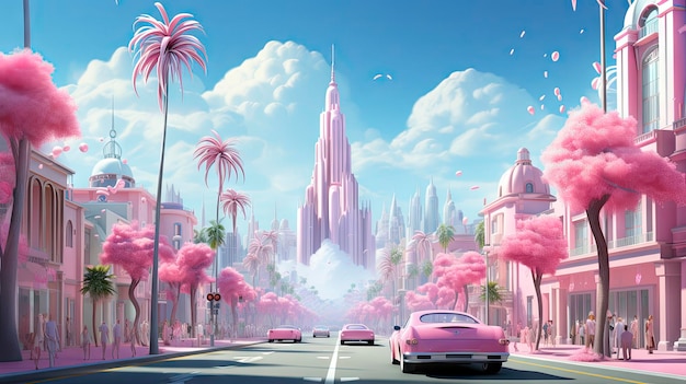 Een stad met een roze auto en palmbomen.