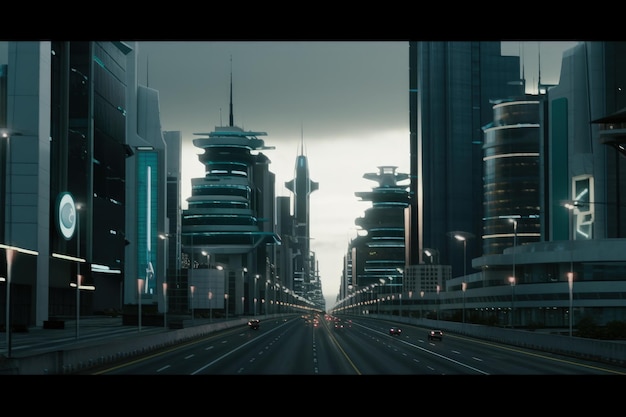 Een stad met een snelweg en een gebouw met een bord waarop staat 'stad van morgen'