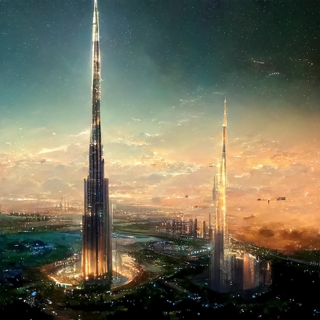 Een stad met een toren waarop burj khalifa staat