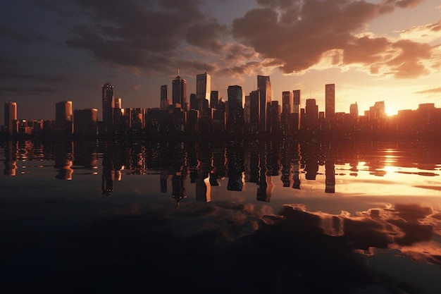 Een stad met een zonsondergang op de achtergrond