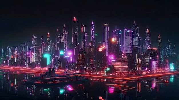 Een stad met neonlichten en een stadsgezicht