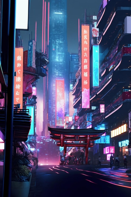 Een stad met neonreclames die 'cyberpunk' zeggen