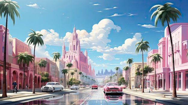 Een stad met palmbomen en een auto die door de straat rijdt.