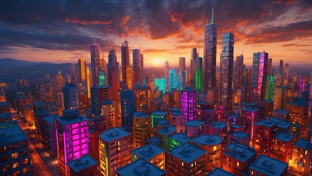Een stad's nachts de gebouwen zijn verlicht in verschillende kleuren waardoor de stad er erg levendig uitziet