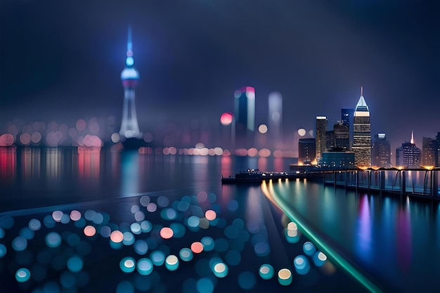 Foto een stad 's nachts met een blauw licht dat 'shanghai tower' zegt