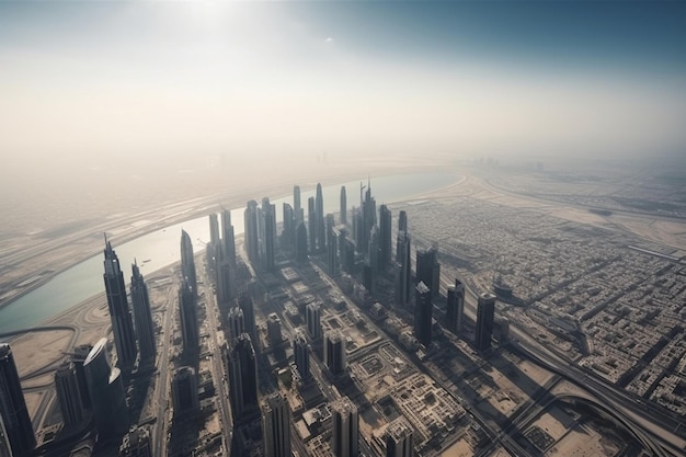 Een stad vanuit de lucht met uitzicht op de skyline van Dubai