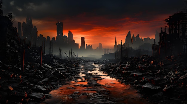Een stad verwoest door de oorlog die het einde van de wereld, de Apocalyps, veroorzaakte