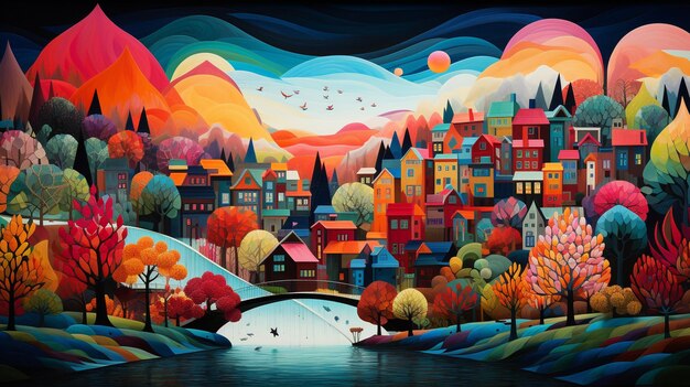 Een stad vol kleuren wordt geïllustreerd