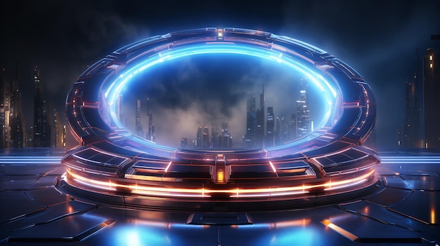 een stad wordt getoond in een donkere ruimte met een stad op de achtergrond3D rendering van scifi stretch achtergrond