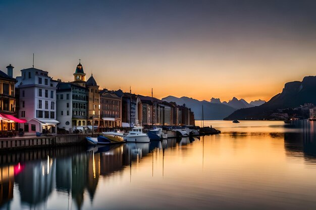 Een stad wordt weerspiegeld in het water bij zonsondergang.