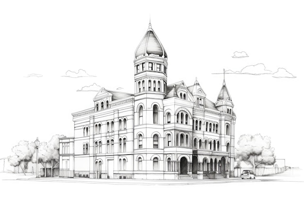 Een stadhuis gebouw in monotone inkt tekening