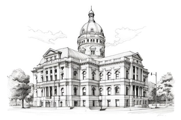 Een stadhuis gebouw in monotone inkt tekening