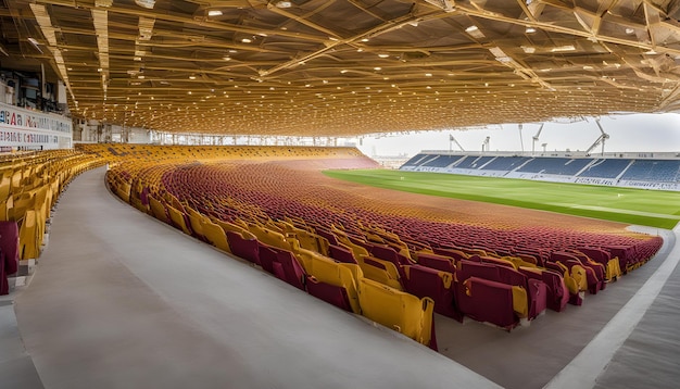 Een stadion met een gele en rode stoelen en een groen veld met een stadion met een geel en rood stoelen