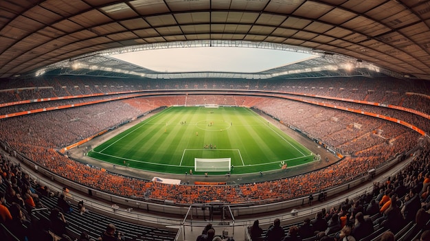 Een stadion met een grote menigte mensen op de tribunes