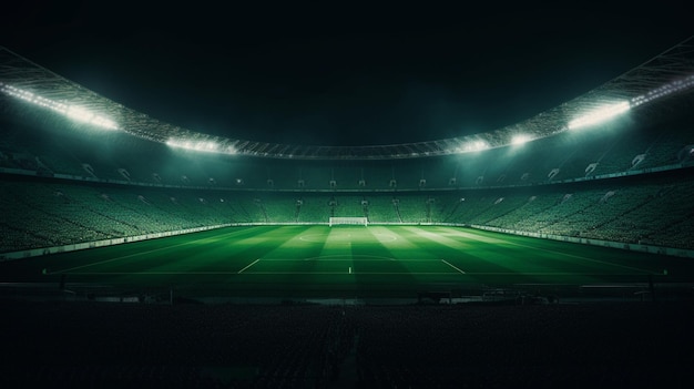 Een stadion met groene stoelen en het woord voetbal erop