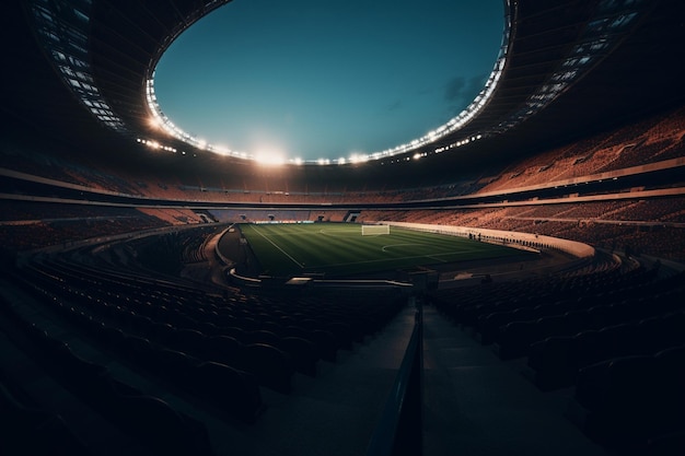 Een stadion met veel lichten en een bord waarop staat 'ik ben een voetbalfan'