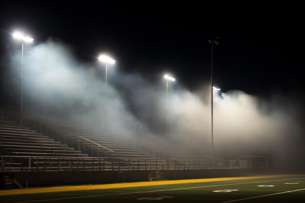 een stadion met veel lichten en een veld