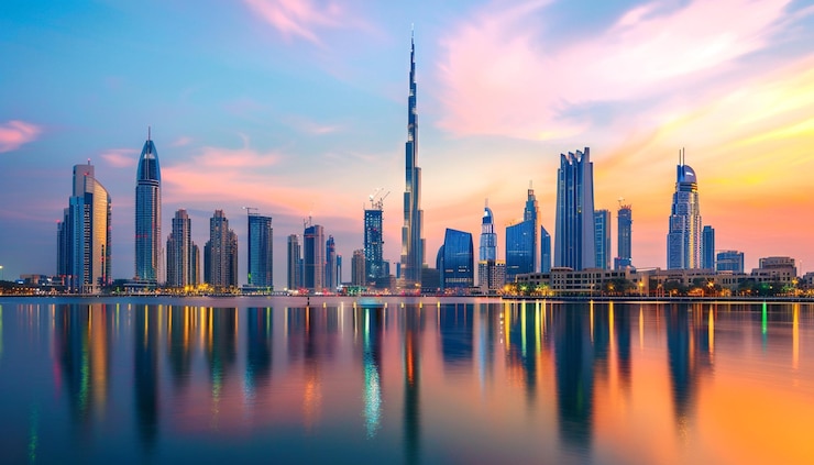 Foto een stads skyline met de weerspiegeling van de stad in het water
