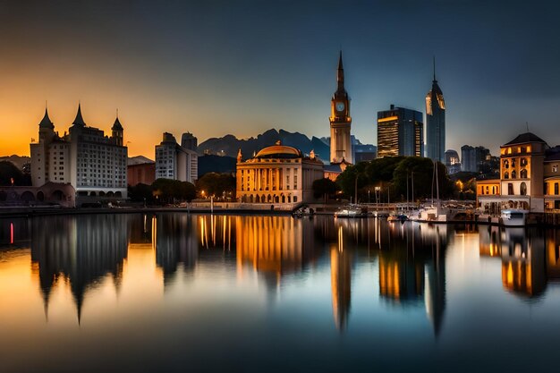 Een stads skyline met een weerspiegeling van een gebouw in het water.