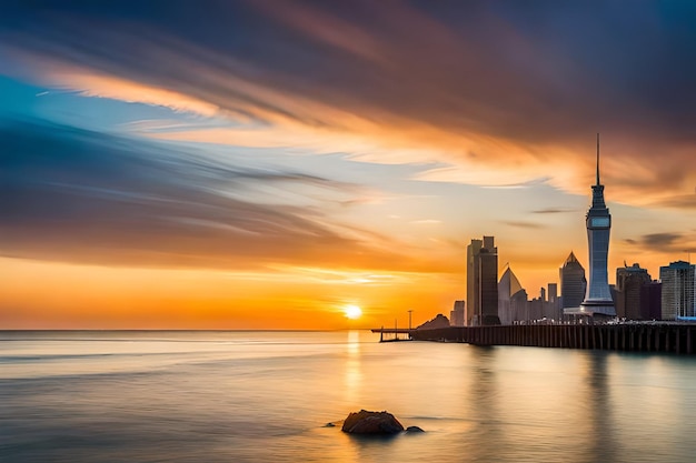 een stads skyline met een zonsondergang op de achtergrond