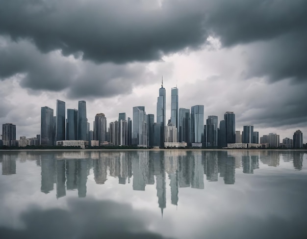 Een stads skyline met wolkenkrabbers weerspiegeld op een glad wateroppervlak onder een bewolkte lucht