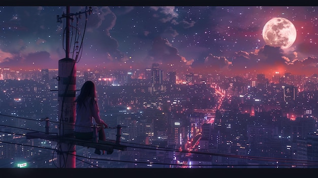 een stadsbeeld met een meisje op een balkon met uitzicht op een stad