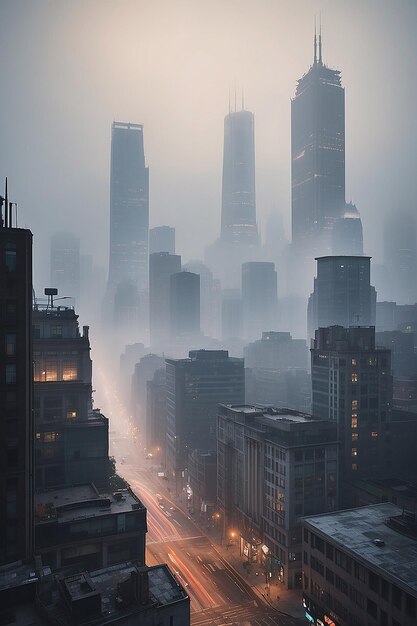 Een stadsbeeld met een mistig stadsbeeld op de achtergrond