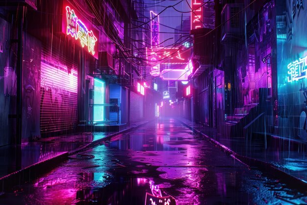 Een stadsbeeld met neonlichten op de achtergrond Neon Noir Cityscape stock Foto achtergrond