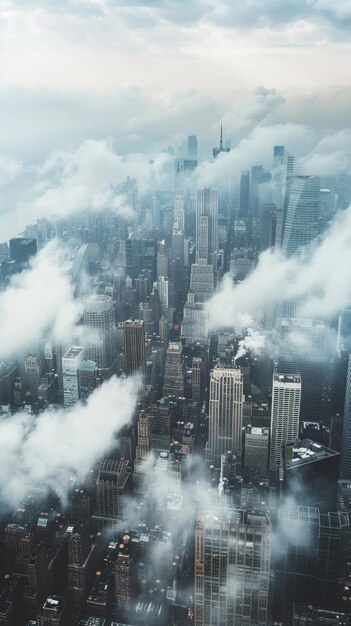 Een stadsbeeld omringd door mist witte wolken vermengd met wolkenkrans