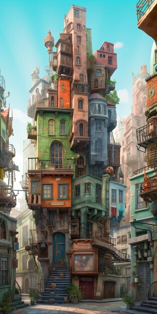 een stadsblok met een Atlantis en stenen trappen in de stijl van gotische steampunk