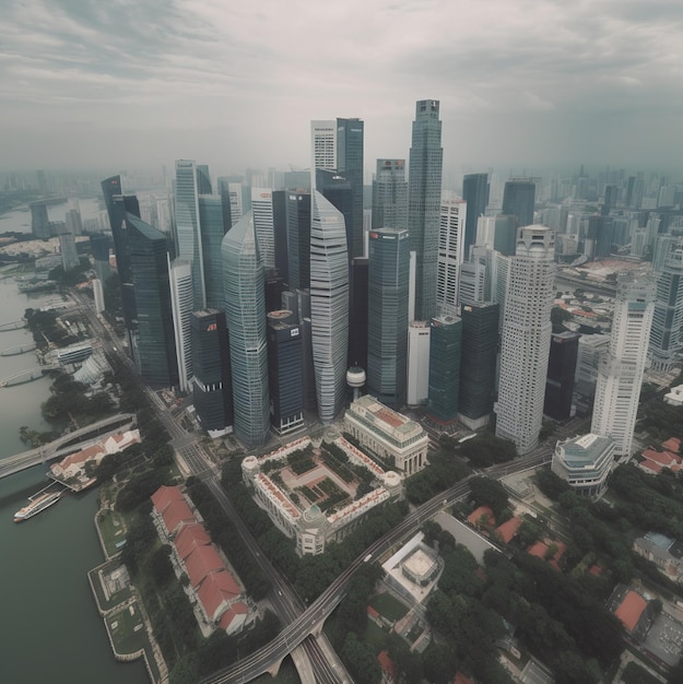 Een stadsgezicht met een groot gebouw en de skyline van de stad op de achtergrond