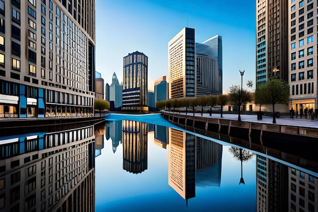 Een stadsgezicht met een weerspiegeling van een gebouw en een blauwe lucht.