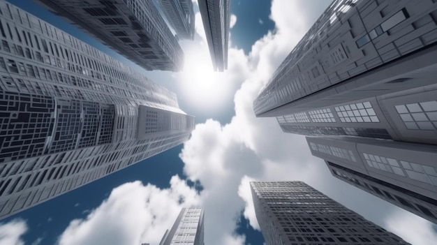 Een stadsgezicht met wolkenkrabbers onder een blauwe lucht