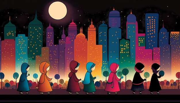 Een stadshorizon tijdens Ramadan digitale kunstillustratie