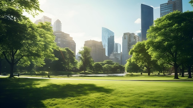 Een stadspark met wolkenkrabbers op de achtergrond