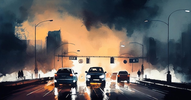 Een stadsstraat met auto's erop en een brand op de achtergrond.