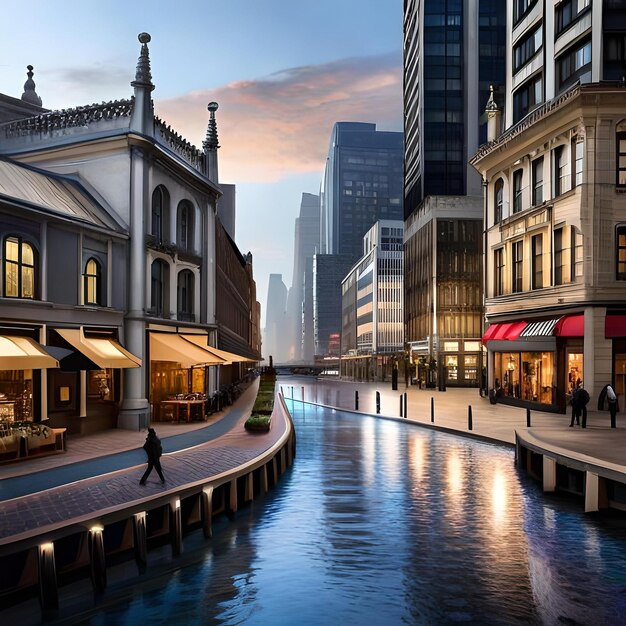 Een stadsstraat met een brug en een rivier waar een man langs loopt.