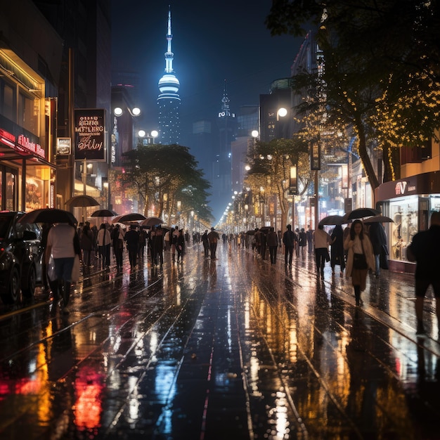 een stadsstraat met een gebouw op de achtergrond en een menigte mensen die in de regen lopen.