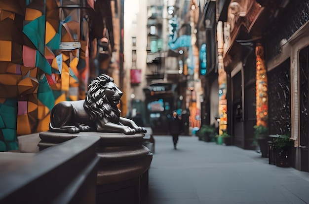 een stadsstraat met een leeuwenstandbeeld in het midden