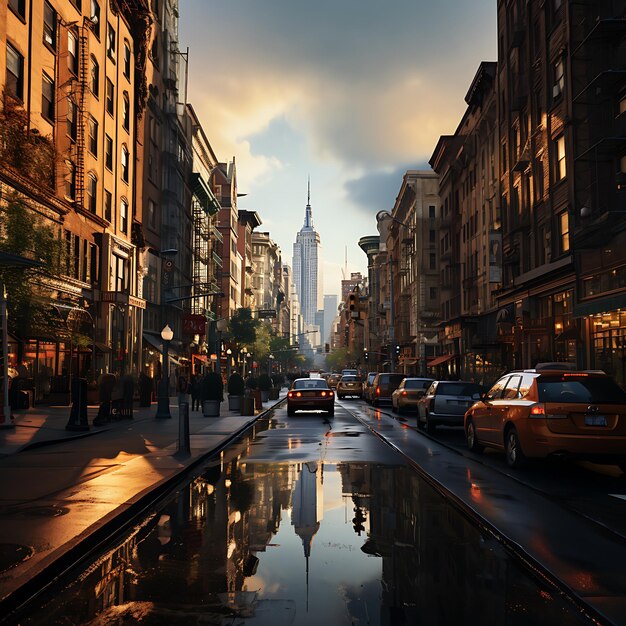 Een stadsstraat met hoge gebouwen in de stijl van het leven in de gedempte Amerikaanse tinten van new york