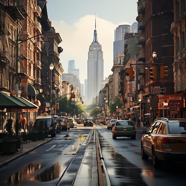 Een stadsstraat met hoge gebouwen in de stijl van het leven in de gedempte Amerikaanse tinten van new york