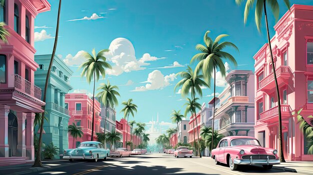 een stadsstraat met palmbomen en een roze auto.