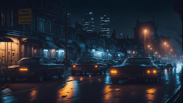 Een stadsstraat 's nachts met auto's geparkeerd aan de kant van de weg en lichten op straat en gebouwen