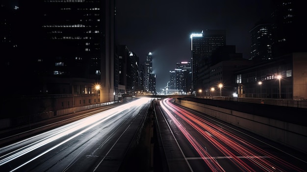 Een stadsstraat 's nachts met de lichten aan